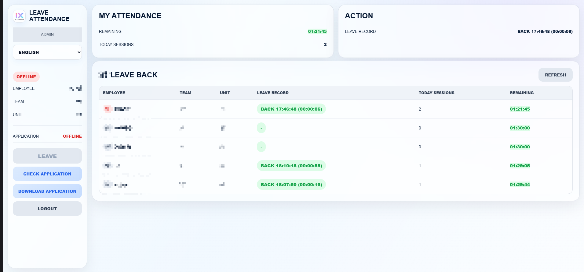 IX Leave Attendance employee portal with blurred sample data