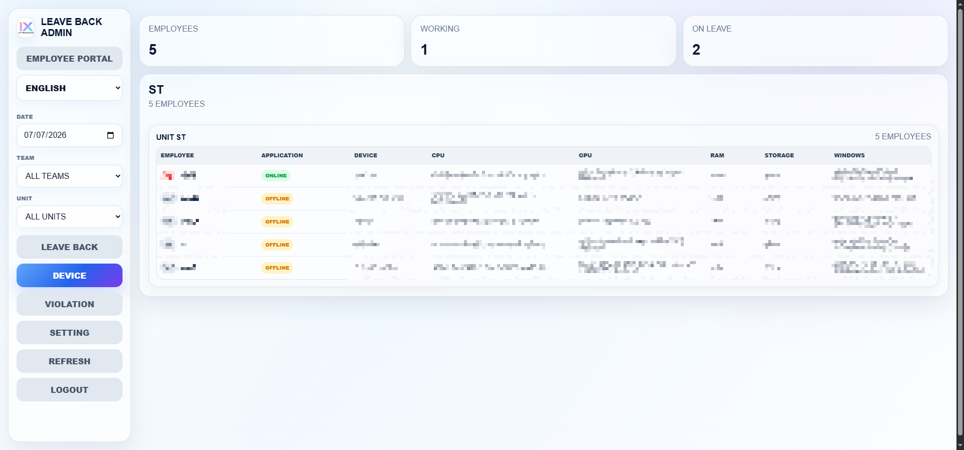 Admin device page with details blurred