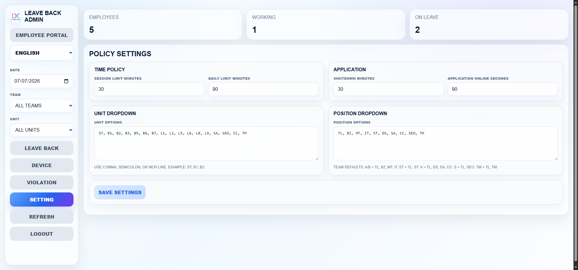 Admin settings page