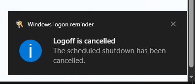 Windows shutdown cancelled message